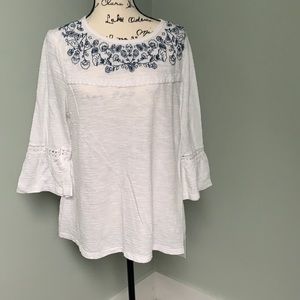 White Tunic with Navy Embroidery & Crochet Accent